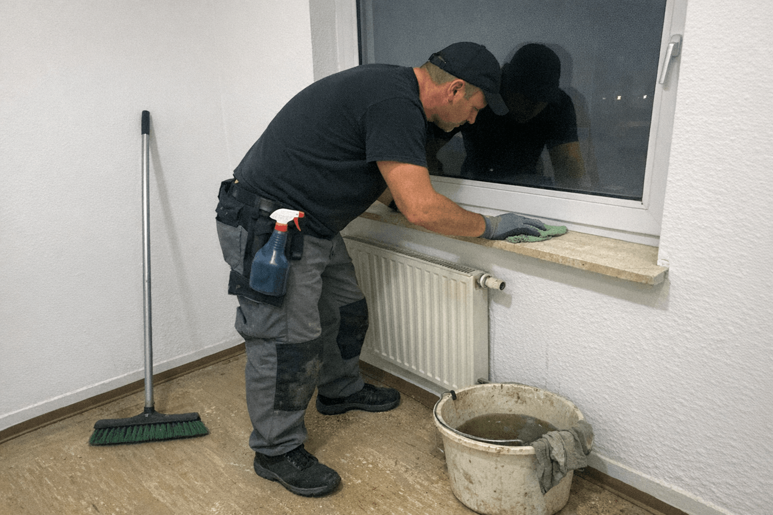 Eine gereinigte leere Wohnung mit Wischgerät, Eimer und offenen Fenstern