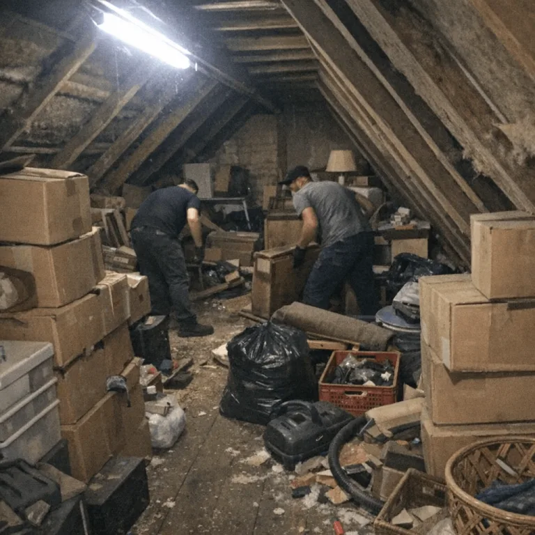 Dachraum im Altbau mit Kartons und alten Möbelteilen während der Entrümpelung