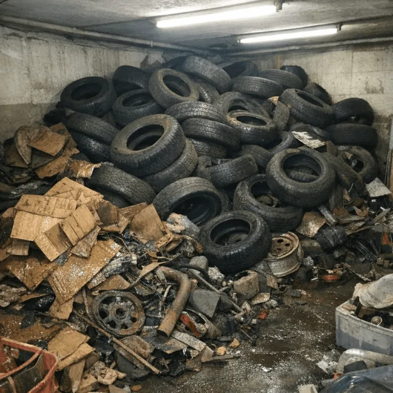 Garage mit Reifenstapeln und Werkzeug vor der Leerung