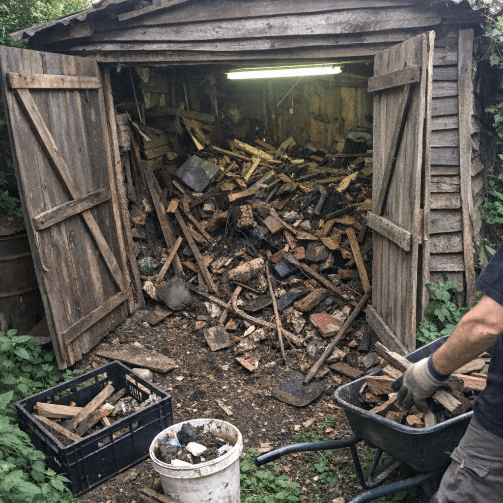 Kleiner Gartenschuppen mit aussortierten Werkzeugen und freier Bodenfläche vor dichtem Bewuchs
