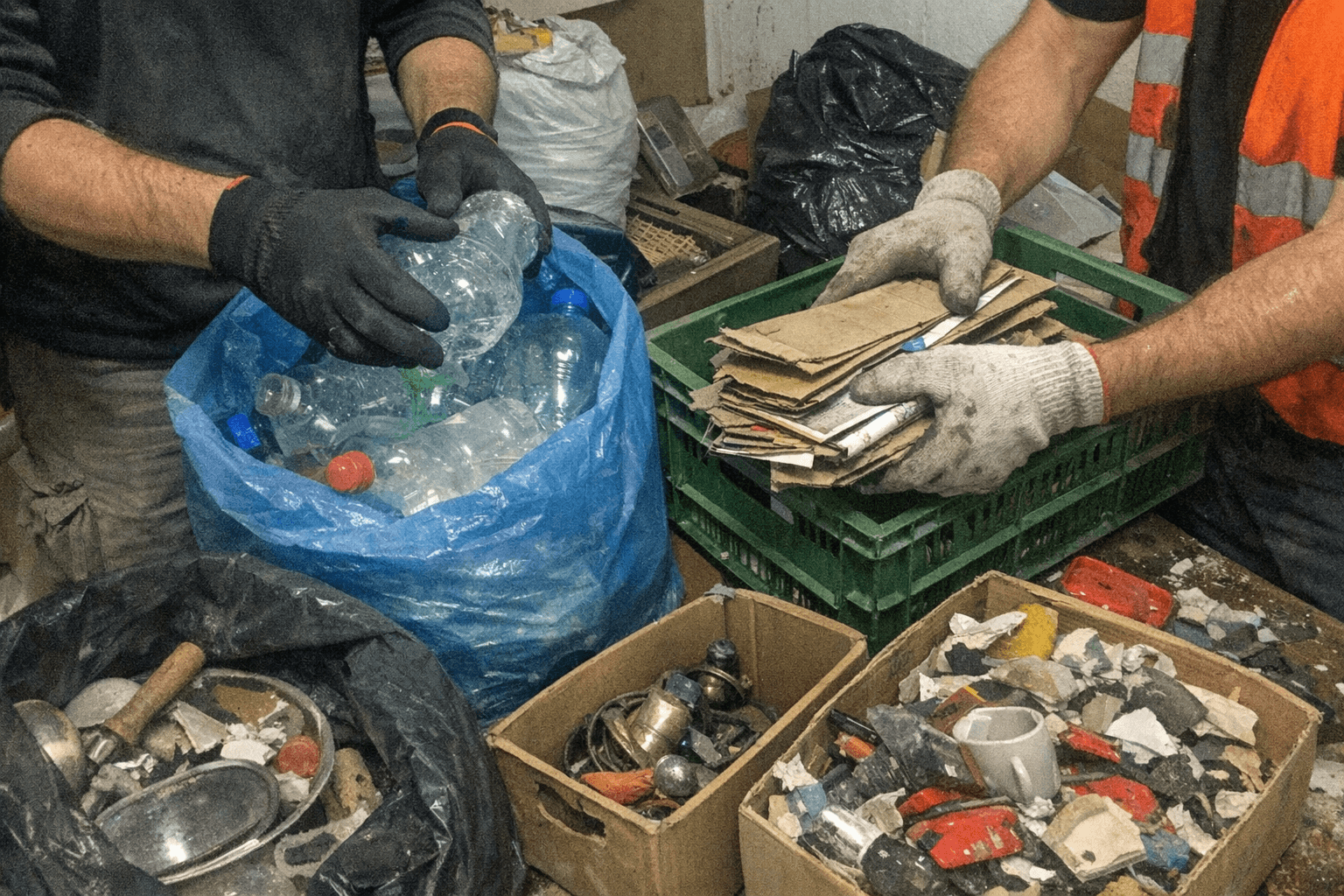 Ein Mitarbeiter sortiert Holz, Metall und Karton an beschrifteten Sammelstellen