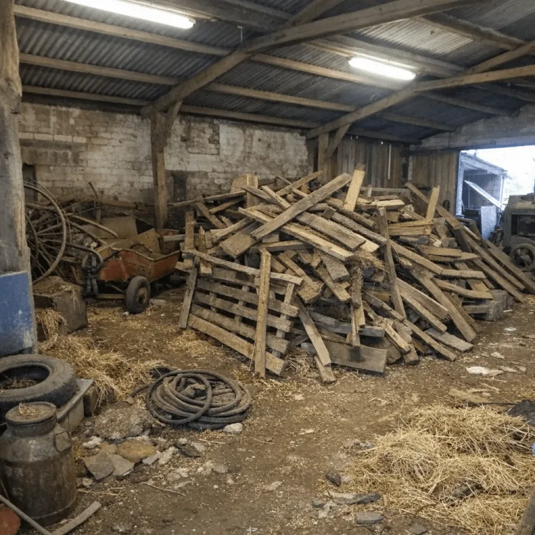 Scheune mit sortiertem Metall und Holz vor dem Abtransport