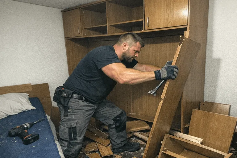 Ein Monteur zerlegt einen großen Kleiderschrank im Schlafzimmer, während ein Kollege Schrauben sortiert