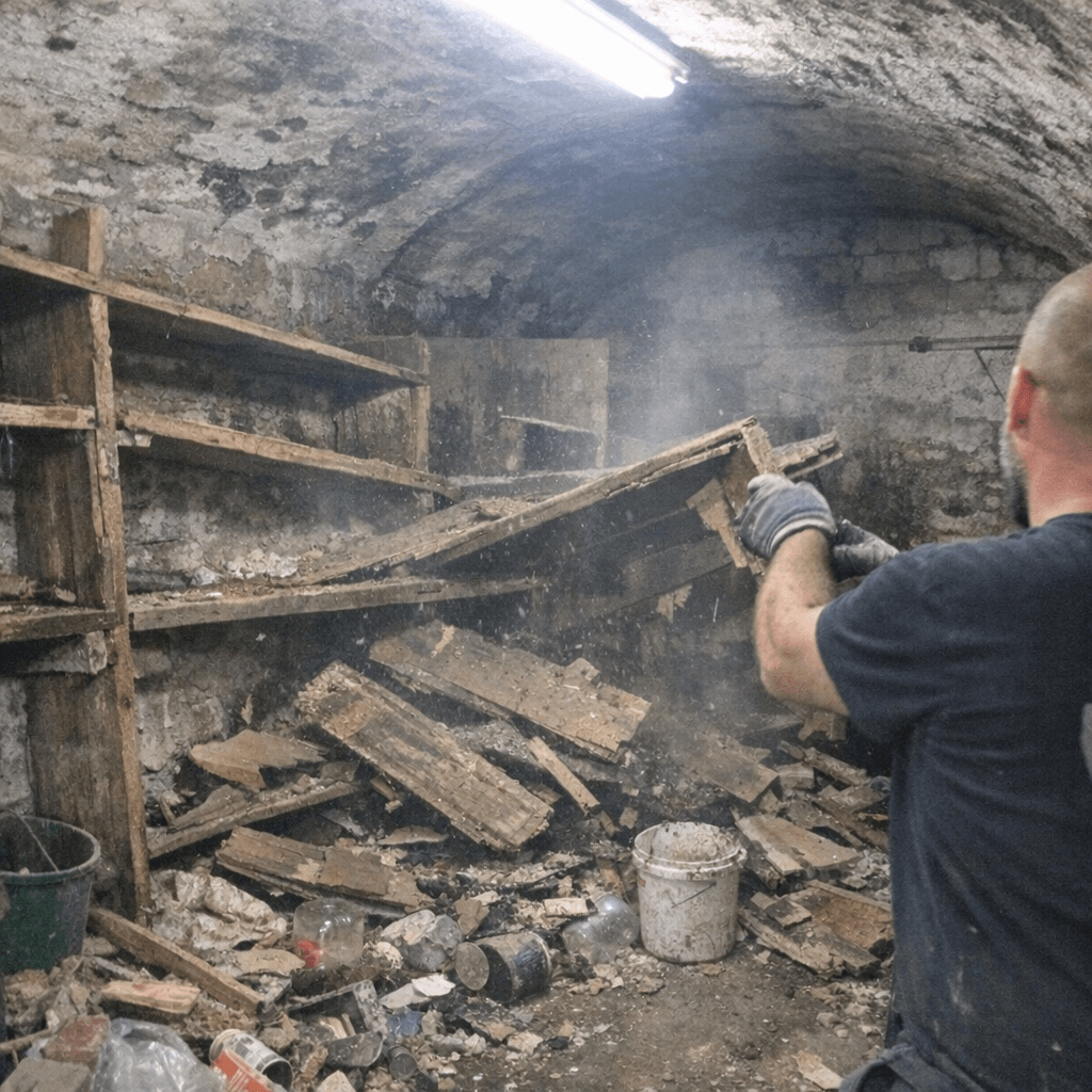 Alter Gewölbekeller mit freigelegten Wänden und ausgebauten morschen Holzlatten