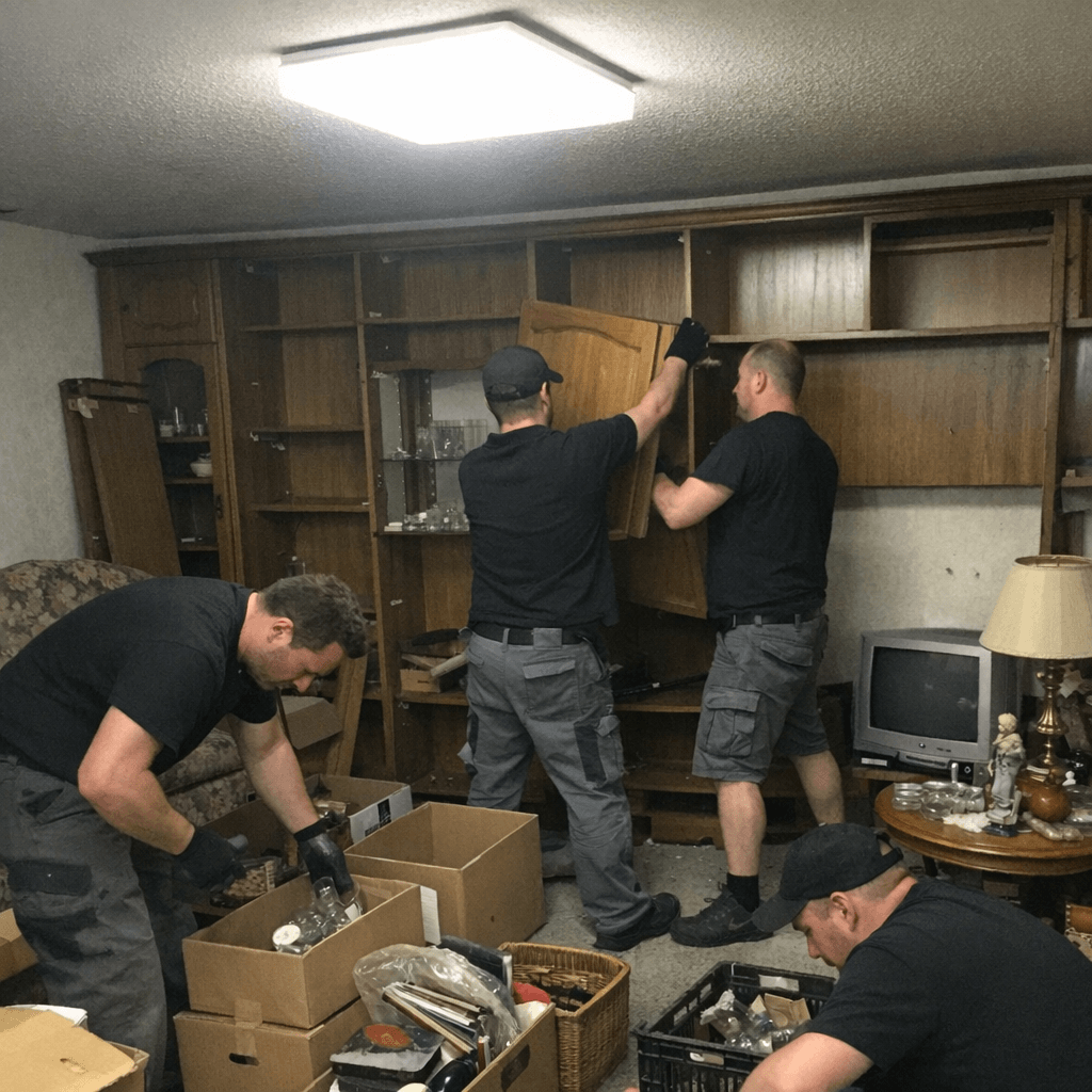 Wohnzimmer während der Räumung mit zerlegter Schrankwand und geschützten Bodenflächen