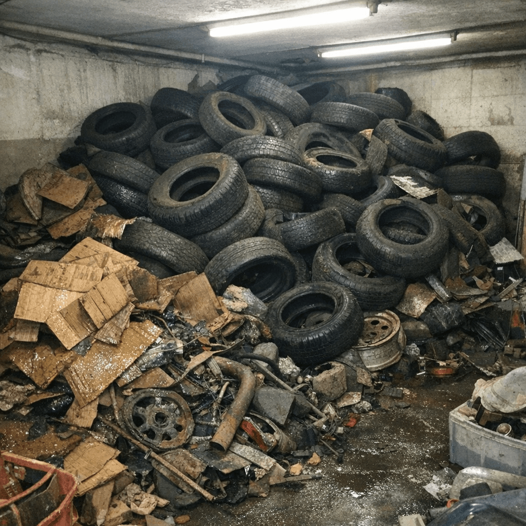 Feuchte Garage mit sortierten Reifen, Metallteilen und ausgebauten Geräten vor dem Tor