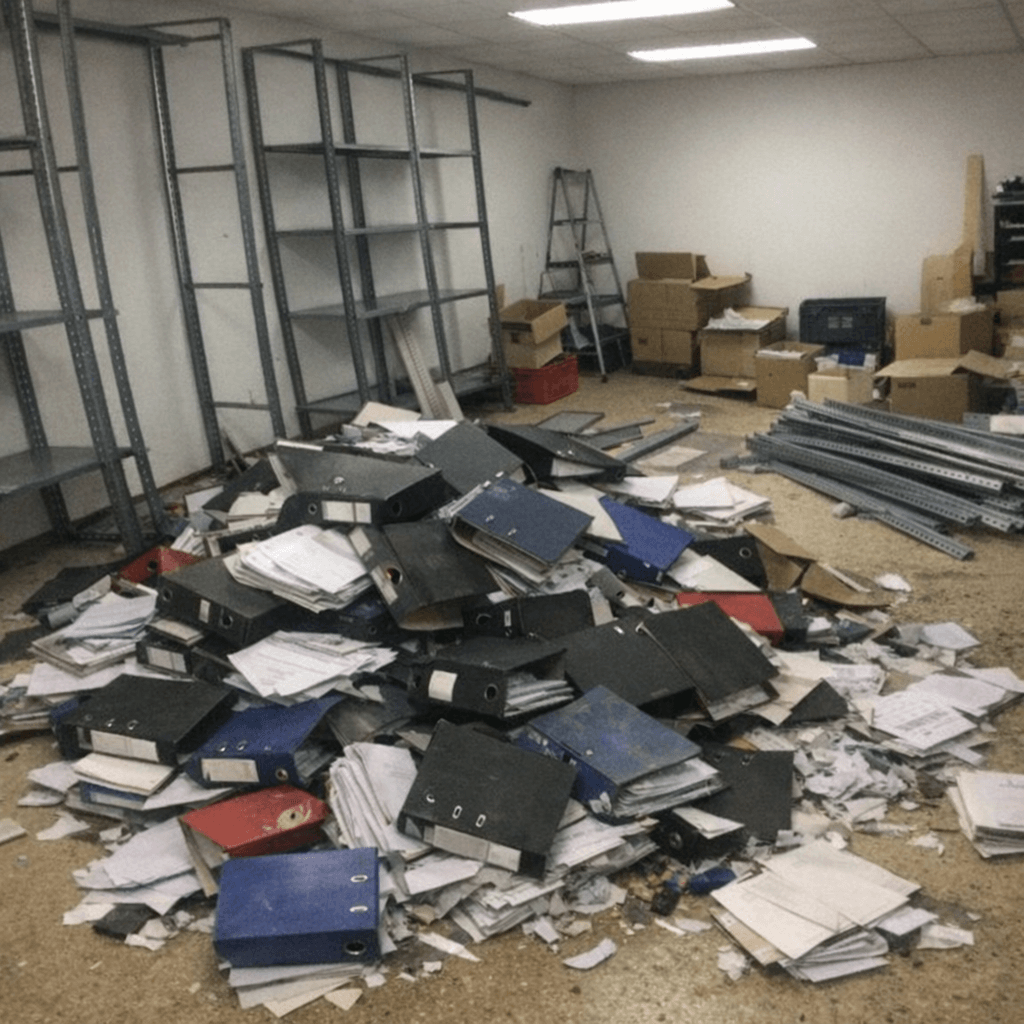 Leeres Archivzimmer mit demontierten Regalen und gebündelten Papierstapeln am Rand