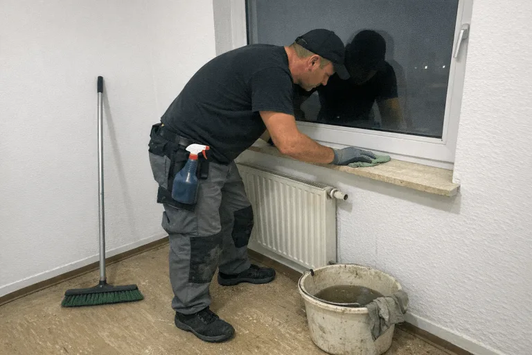 Freigeräumter Raum mit Besen und sauberem Boden nach abgeschlossener Räumung